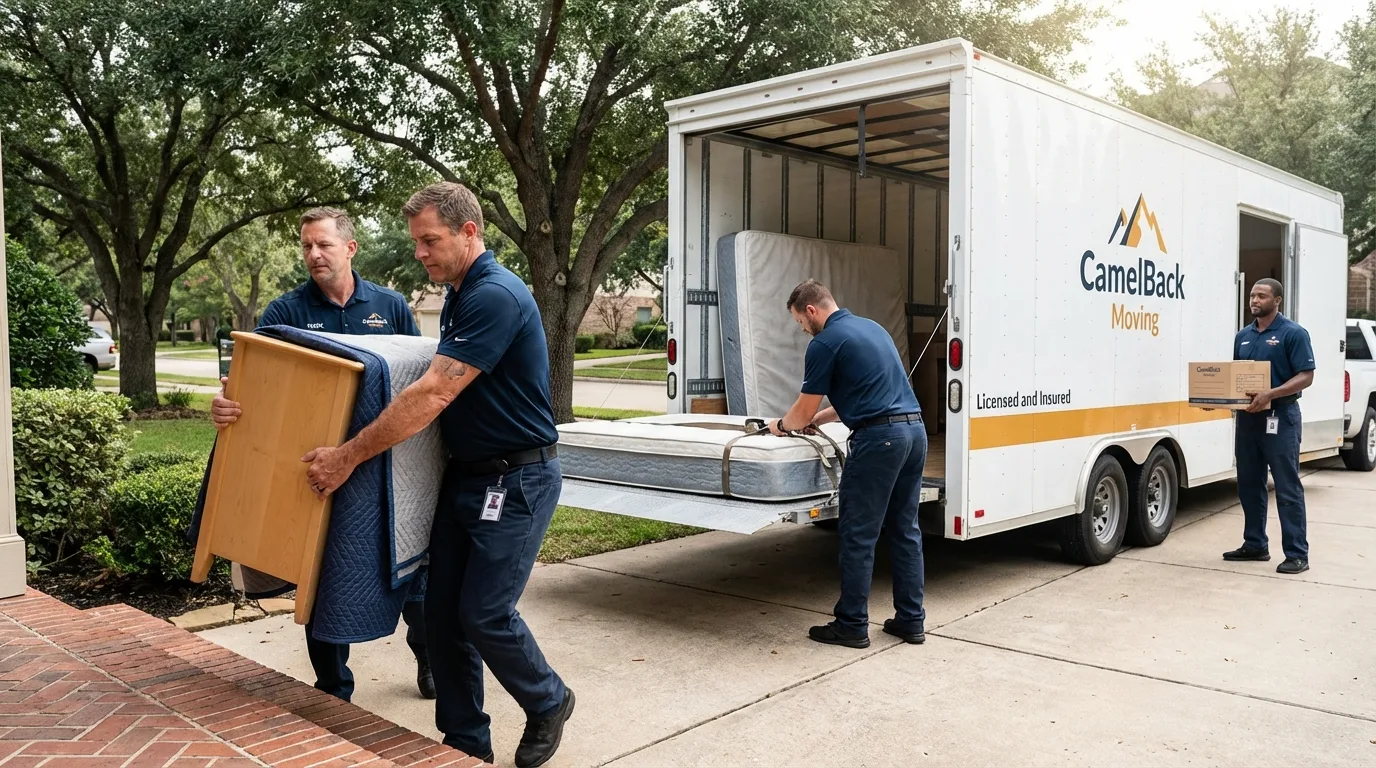 Crew loading residential truck for cross-state move from Hudson, MI