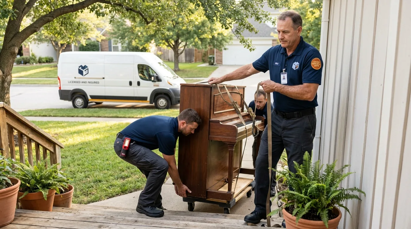 Licensed piano movers securing grand piano in Hudson, MI
