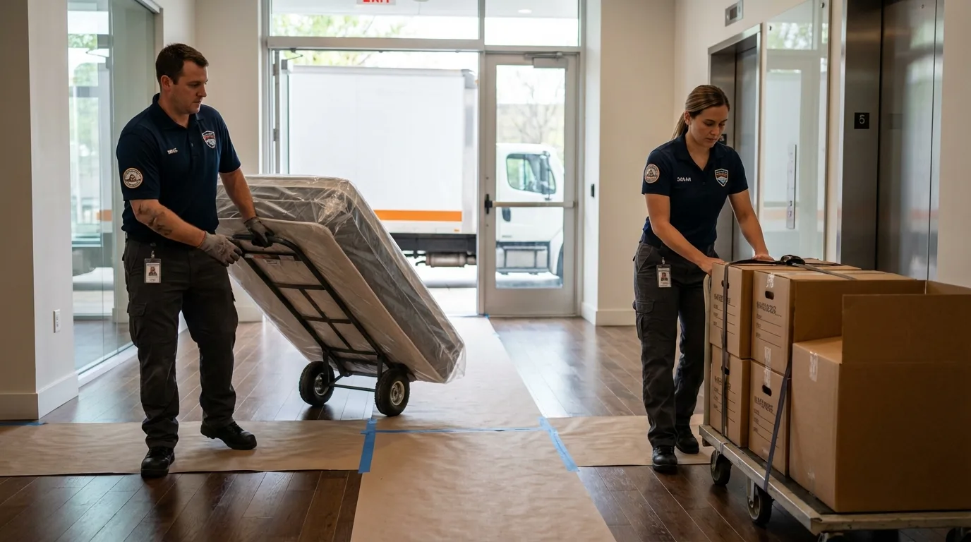 Professional apartment movers loading elevator in Hudson, MI